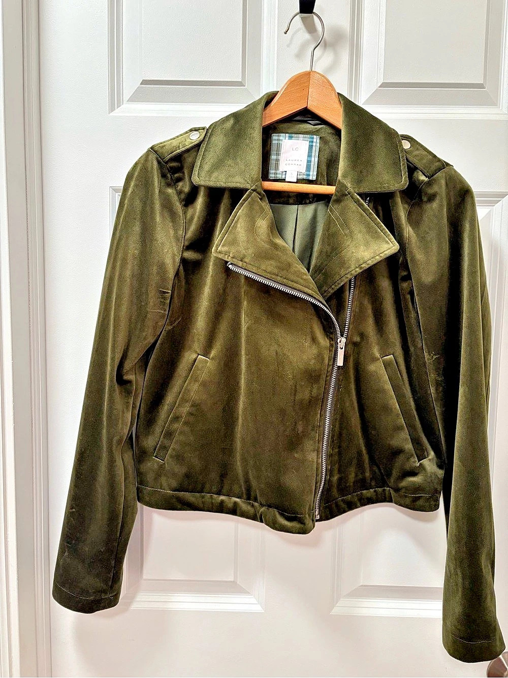 Lauren Conrad Olive Green Moto Jacket Silver Asymmetrical Zipper, Small